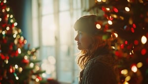 Woman looking contemplative during the festive season, with a christmas tree in the background